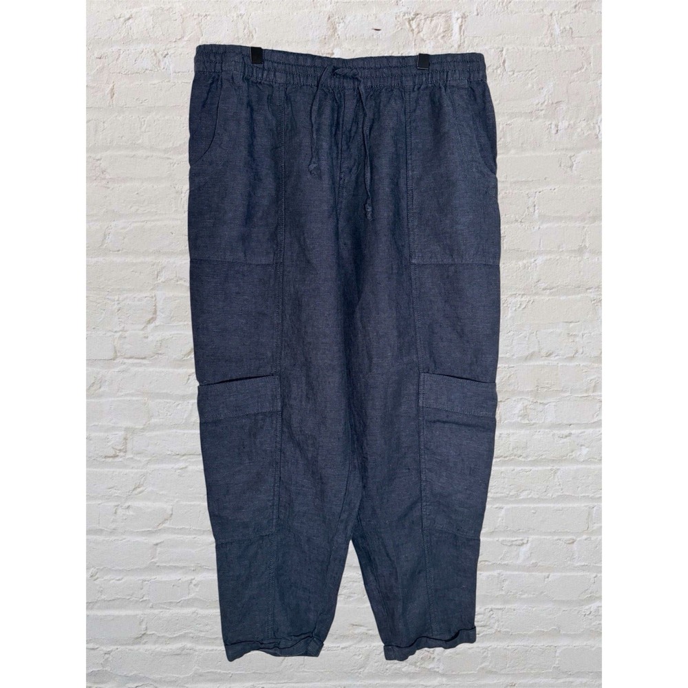 Garnet Hill 100% Slub Linen Pants Cropped Blue Women's Sz Medium Pockets Coastal